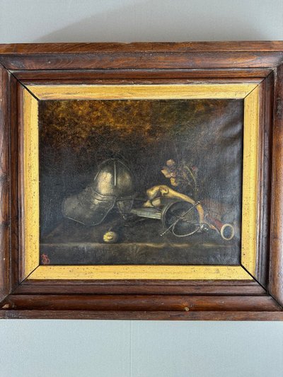Nature Morte Avec Casque Et Objets Anciens XIXe Siècle