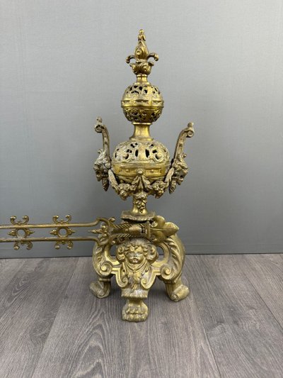 Pair De Chenets Anciens En Bronze Doré, Fin XIXe Siècle