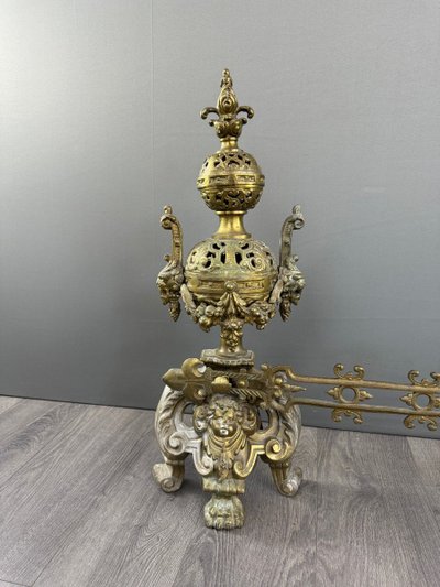 Pair De Chenets Anciens En Bronze Doré, Fin XIXe Siècle