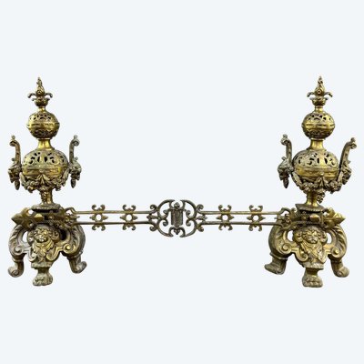 Pair De Chenets Anciens En Bronze Doré, Fin XIXe Siècle