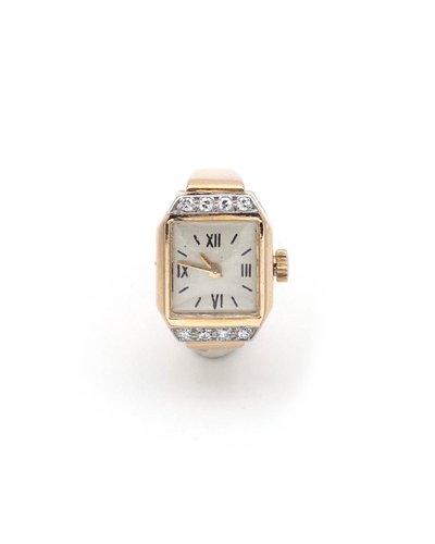 Bague montre tank en or 18 karats et diamants, bague ancienne, Rétro, montre, bijou rétro, diamants 