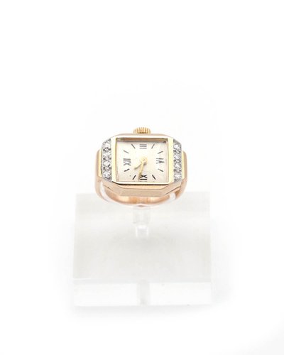 Bague montre tank en or 18 karats et diamants, bague ancienne, Rétro, montre, bijou rétro, diamants 