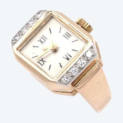 Bague montre tank en or 18 karats et diamants, bague ancienne, Rétro, montre, bijou rétro, diamants 