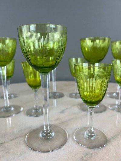 Service De Verres Anciens En Cristal Baccarat Vert, XXe Siècle