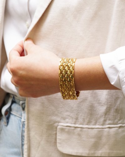 Bracciale a fascia larga retrò in oro 18k, sfaccettato, bracciale a fascia, gioielli italiani