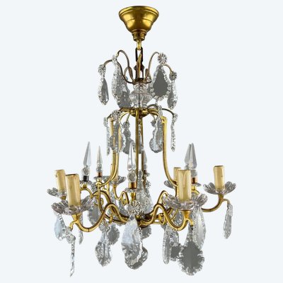 Lustre En Laiton Et Cristal, XXe Siècle