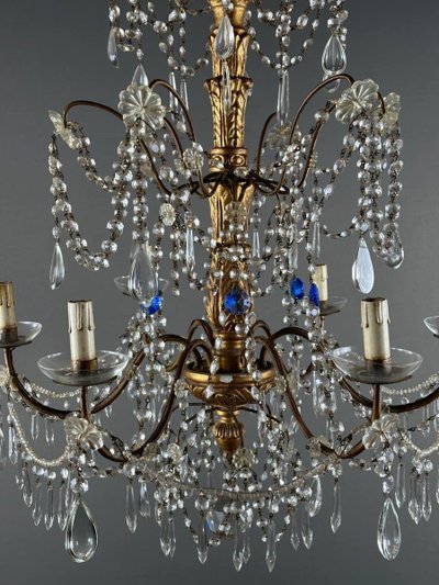 Italian Crystal And Gilded Wood Chandelier, Early 20th Century