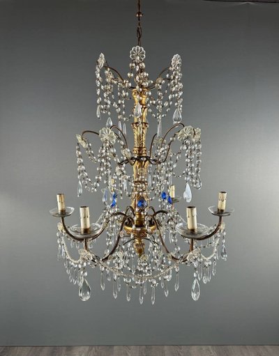 Italian Crystal And Gilded Wood Chandelier, Early 20th Century
