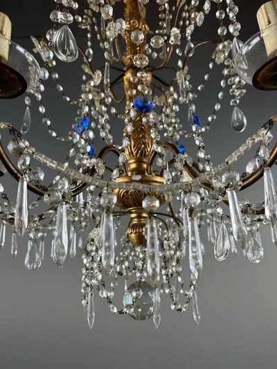 Italian Crystal And Gilded Wood Chandelier, Early 20th Century