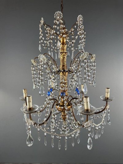 Italian Crystal And Gilded Wood Chandelier, Early 20th Century