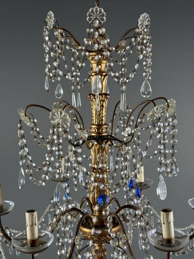 Italian Crystal And Gilded Wood Chandelier, Early 20th Century
