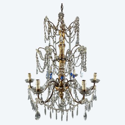 Italian Crystal And Gilded Wood Chandelier, Early 20th Century