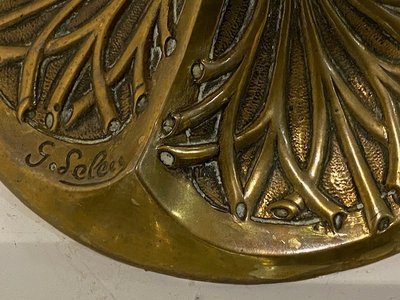 Lampada a olio con cardi in bronzo e ottone dorato di Georges LELEU - Art Nouveau 1900