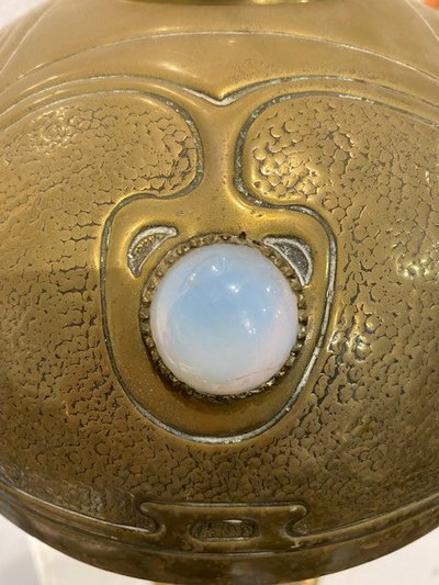 Lampada a olio con cardi in bronzo e ottone dorato di Georges LELEU - Art Nouveau 1900