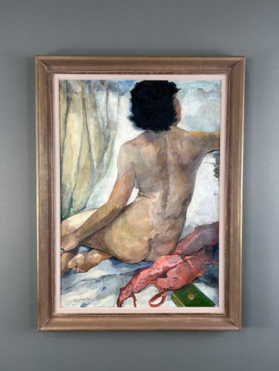 Seated Nude Painting, Oil on Canvas Signed, 1938, 20th Century