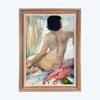Seated Nude Painting, Oil on Canvas Signed, 1938, 20th Century