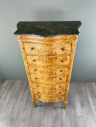 Commode Meuble De Rangement Louis XV En Loupe De Thuya Et Marbre, époque XIXe Siècle