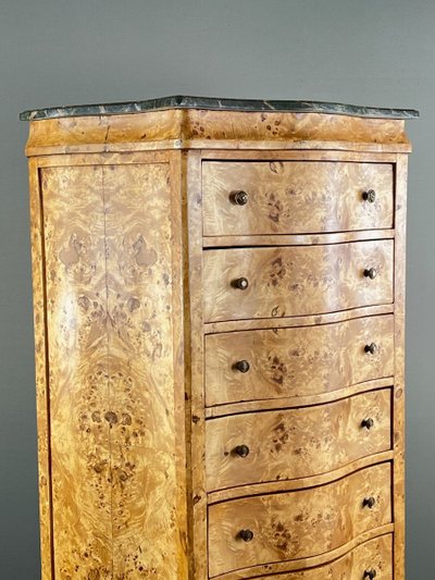 Commode Meuble De Rangement Louis XV En Loupe De Thuya Et Marbre, époque XIXe Siècle