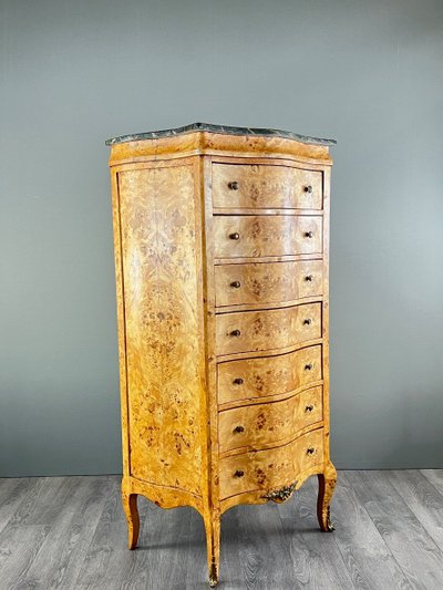 Commode Meuble De Rangement Louis XV En Loupe De Thuya Et Marbre, époque XIXe Siècle