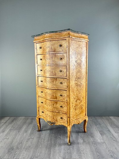 Commode Meuble De Rangement Louis XV En Loupe De Thuya Et Marbre, époque XIXe Siècle
