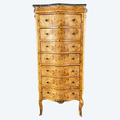 Commode Meuble De Rangement Louis XV En Loupe De Thuya Et Marbre, époque XIXe Siècle