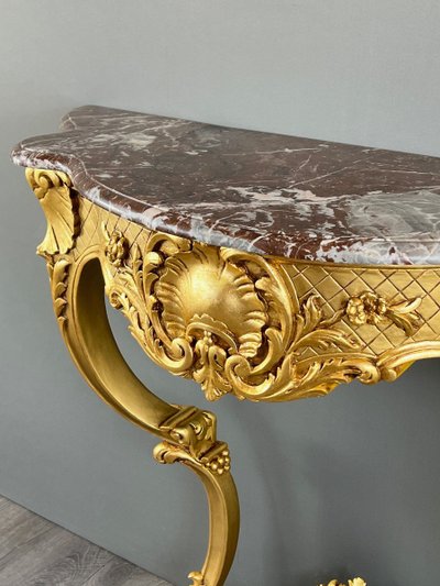 Console Murale De Style Louis XV En Bois Doré Et Marbre, XIXe Siècle