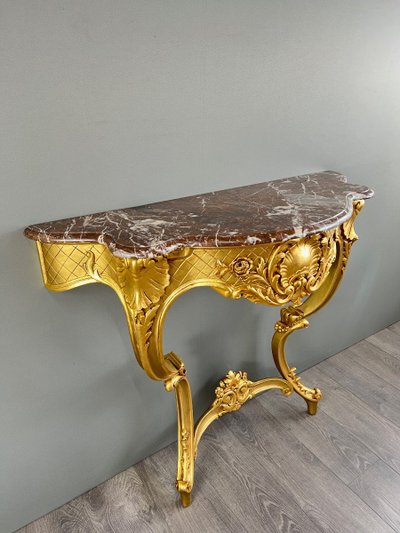 Console Murale De Style Louis XV En Bois Doré Et Marbre, XIXe Siècle