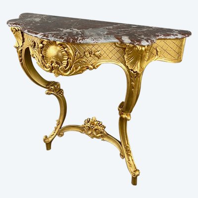 Console Murale De Style Louis XV En Bois Doré Et Marbre, XIXe Siècle
