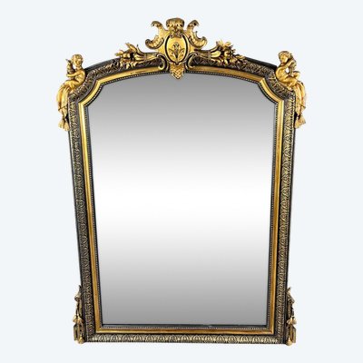 Grand Miroir à Fronton En Bois Sculpté Et Doré, Style Napoléon III