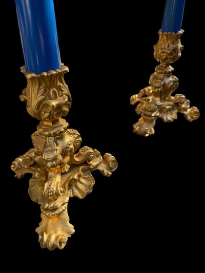 Coppia di candelabri in bronzo a 6 luci, XIX secolo, periodo Napoleone III 