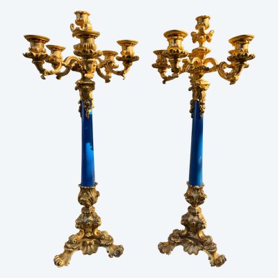 Coppia di candelabri in bronzo a 6 luci, XIX secolo, periodo Napoleone III 