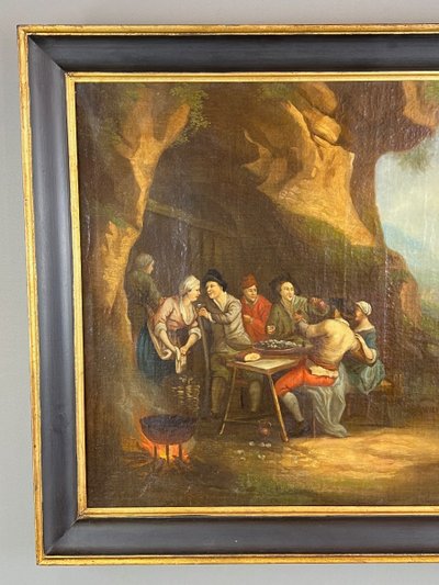 Dipinto ad olio su tela, scena di genere, scuola fiamminga, XVIII secolo