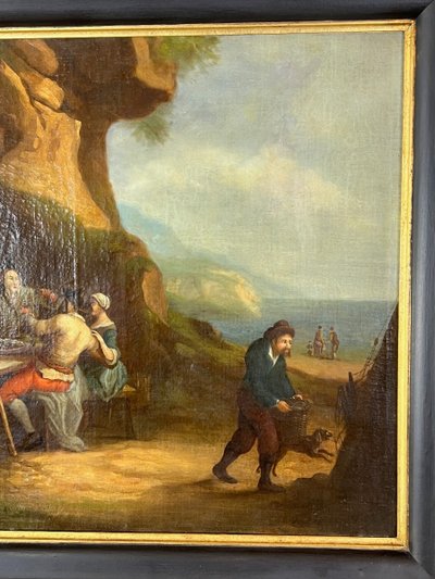 Dipinto ad olio su tela, scena di genere, scuola fiamminga, XVIII secolo
