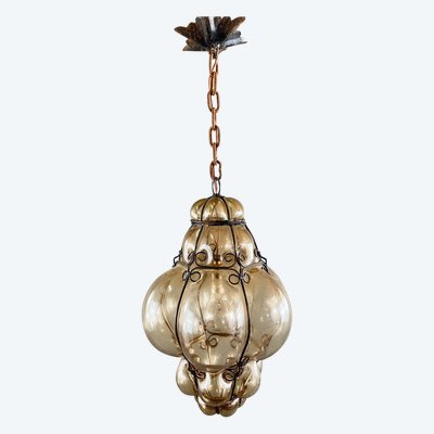 Amber Blown Glass Hanging Lantern, Italian Work, 20th Century