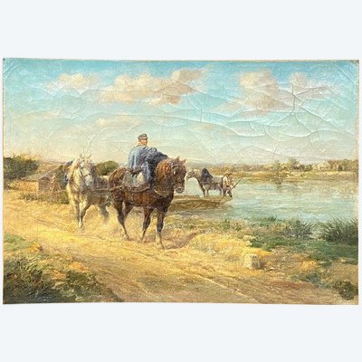 "The Towing Horses" - Unsigned Oil on Canvas - Circa 1860/80