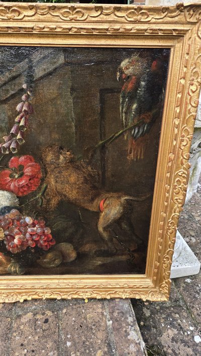 Natura morta con fiori, frutta, scimmia, pappagallo e cane. XVII secolo.