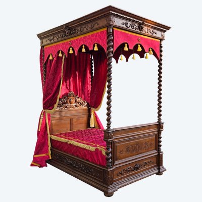 Lit De Château à Colonnes Louis XIII, époque XIXe Siècle 