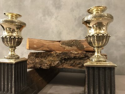 Beautiful pair of antique cast iron and brass andirons from the early 19th century