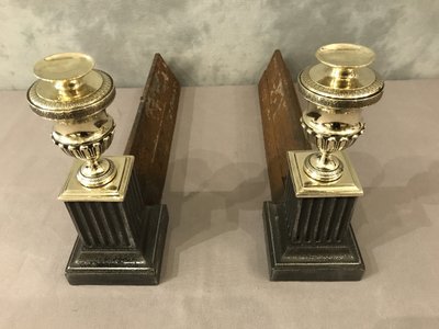 Beautiful pair of antique cast iron and brass andirons from the early 19th century