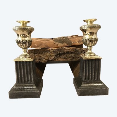 Beautiful pair of antique cast iron and brass andirons from the early 19th century