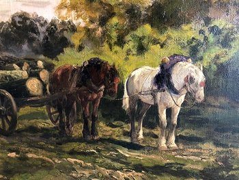 Clément Quinton (1851-1920), grande olio su tela "Forestali