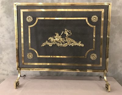 Beau grand pare feu de cheminée ancien en bronze et laiton d'époque 19 ème 