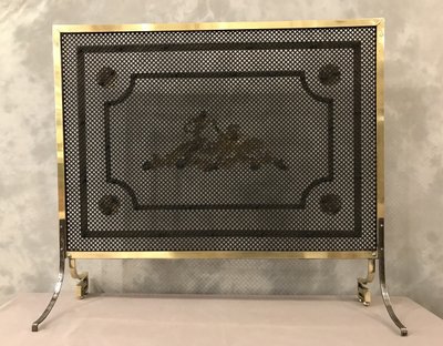 Beau grand pare feu de cheminée ancien en bronze et laiton d'époque 19 ème 