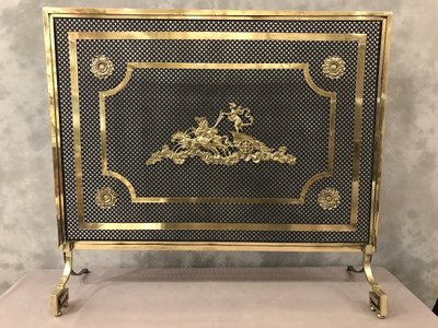 Beau grand pare feu de cheminée ancien en bronze et laiton d'époque 19 ème 