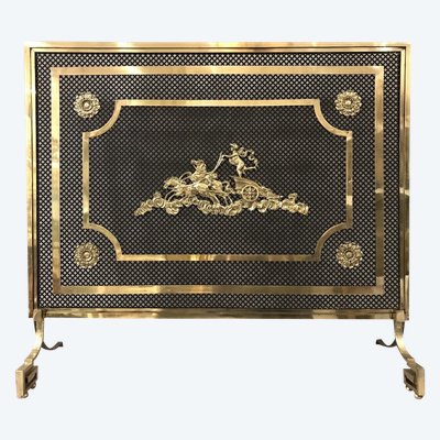 Beau grand pare feu de cheminée ancien en bronze et laiton d'époque 19 ème 