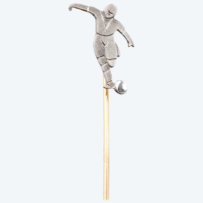 Epingle footballeur Art Deco en or 18k et platine, sport, bijou foot, ballon, sportif, bijou ancien 