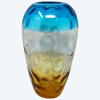 1970er Jahre Wunderschöne Vase in Blau und Bernstein aus Muranoglas von Ca Dei Vetrai.