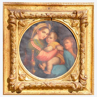Raphael : "la Mère Et l'Enfant ". Copy from the 19th century, beautiful gilded frame.