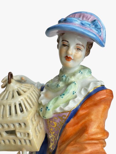 Meissen - Figure En Porcelaine Bergère avec cage à oiseaux