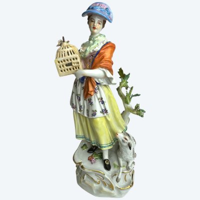 Meissen - Figure En Porcelaine Bergère avec cage à oiseaux